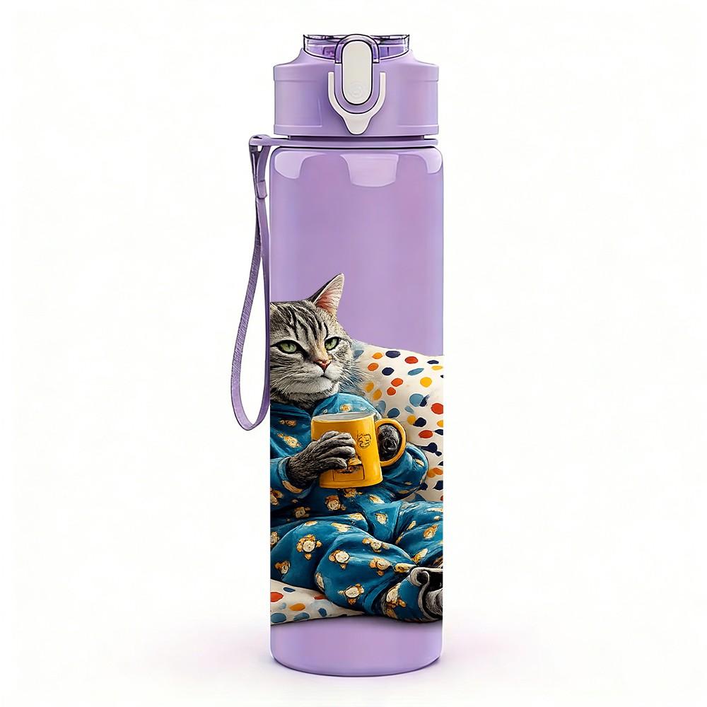 1PC Cat Colorful Patchwork Pillow Print 750ml Color Plastic Sports Water Bottle Leakproof Flip Straw Lid Suitable for Sports Office Home Use