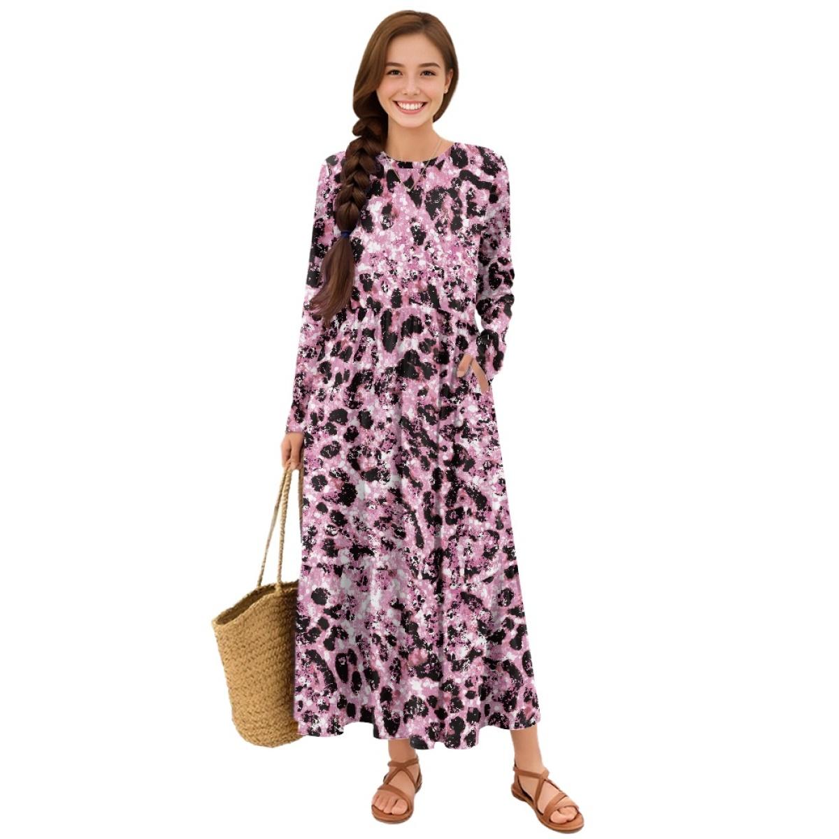 Women Casual Long Sleeve Dress Patchwork Skirt Flowy Swing S