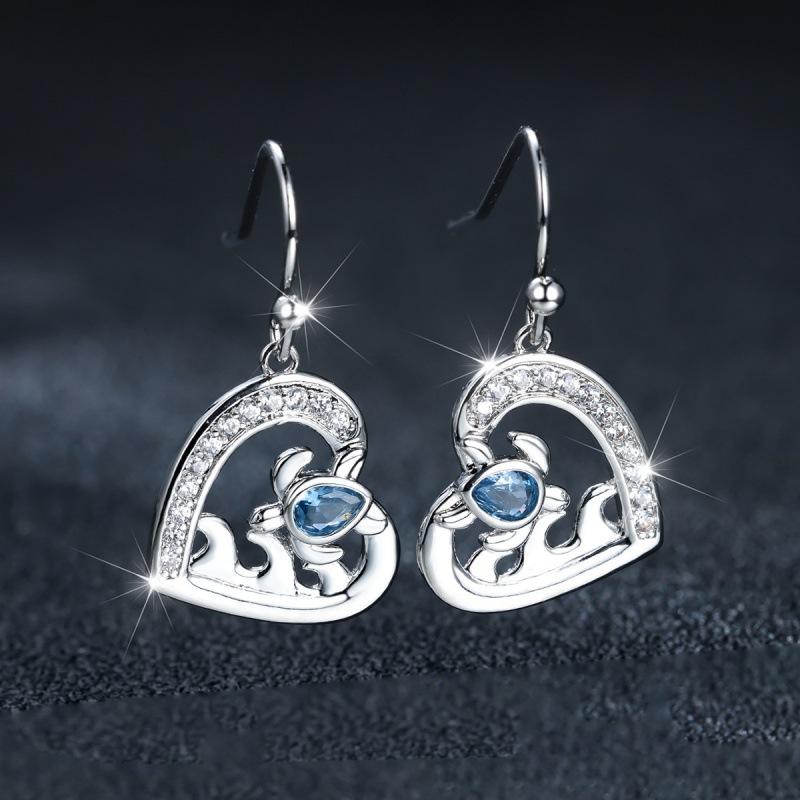 Wish Palladium Platinum Sea Blue Diamond Turtle Wave Heart Earrings Simple Personality Stud Earrings