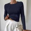 Women's Crew Neck Seam Stitch Ribbed Long Sleeve Crop Top Slim Fit Solid Thermal Dehnu Casual Pullover T-Shirt For Spring Summer Layering
