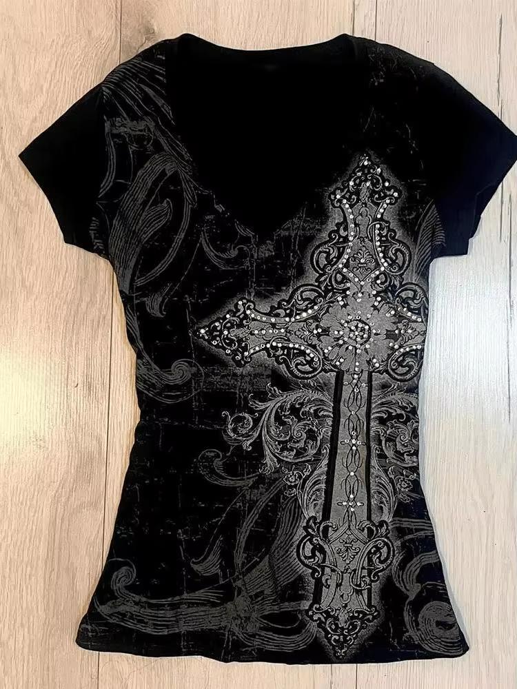 Americké Vintage Tričko Dvě Falešné Části Dámské Streetwear Hip Hop Gotické Harajuku Grunge Y2k Crop Top Černé Lebky Punková Trička