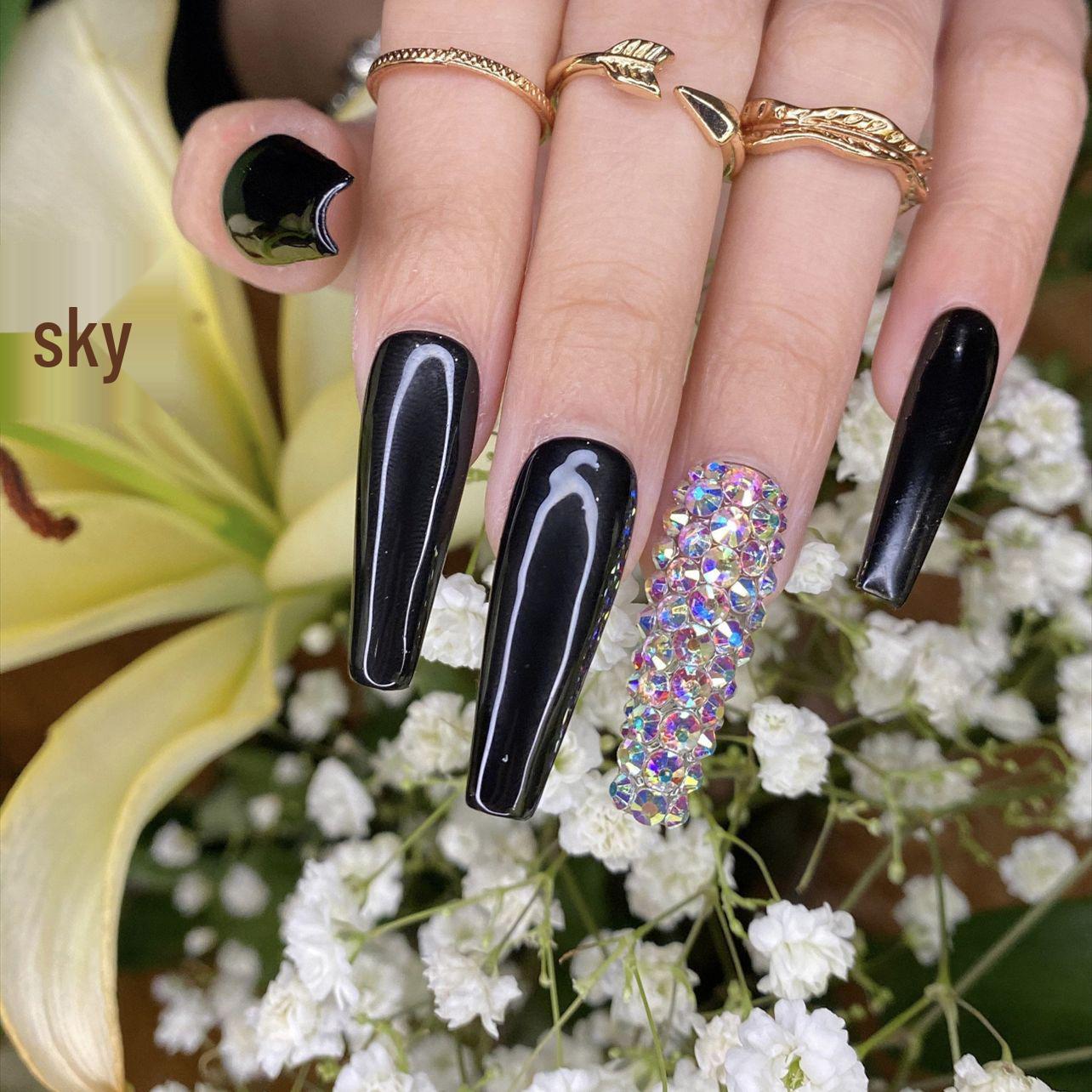 

Black Diamond Coffin Ballerina False Nails with Removable Nail Art Stickers