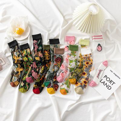 France Hipster Design Glass Silk Floral Bird Funny Socks Women Transparent Streetwear Art Sokken Jacquard Calcetines Divertidos