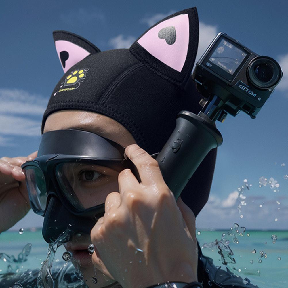 XMZ276 Katzenohren Tauchhaube, 3mm Neopren Wasserdichte Mütze, Neoprenanzug Haube Kappe, Badekappen Mit Kinnriemen zum Schnorcheln Schwimmen Wassersport
