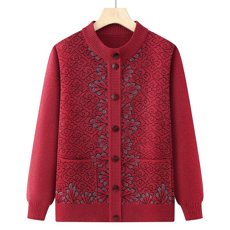 Round Neck Knitted Cardigan for Middle-Aged and Elderly Women - Grandma Style Sweater for Spring and Autumn