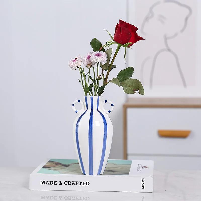 European Style Ceramic Amphora Striped Vase Hydroponic Flower Arrangement Container Living Room Dining Table Floral Vase Gifts