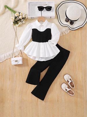 Korean Style Girls' Long-Sleeve Lace Shirt and Vest with Pants Two-Piece Set