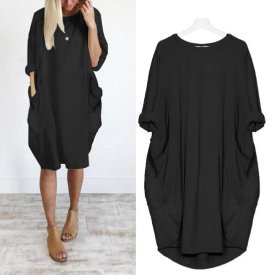 Plus Size Casual Solid Color Women Long Sleeve Loose Midi Dress with Pockets