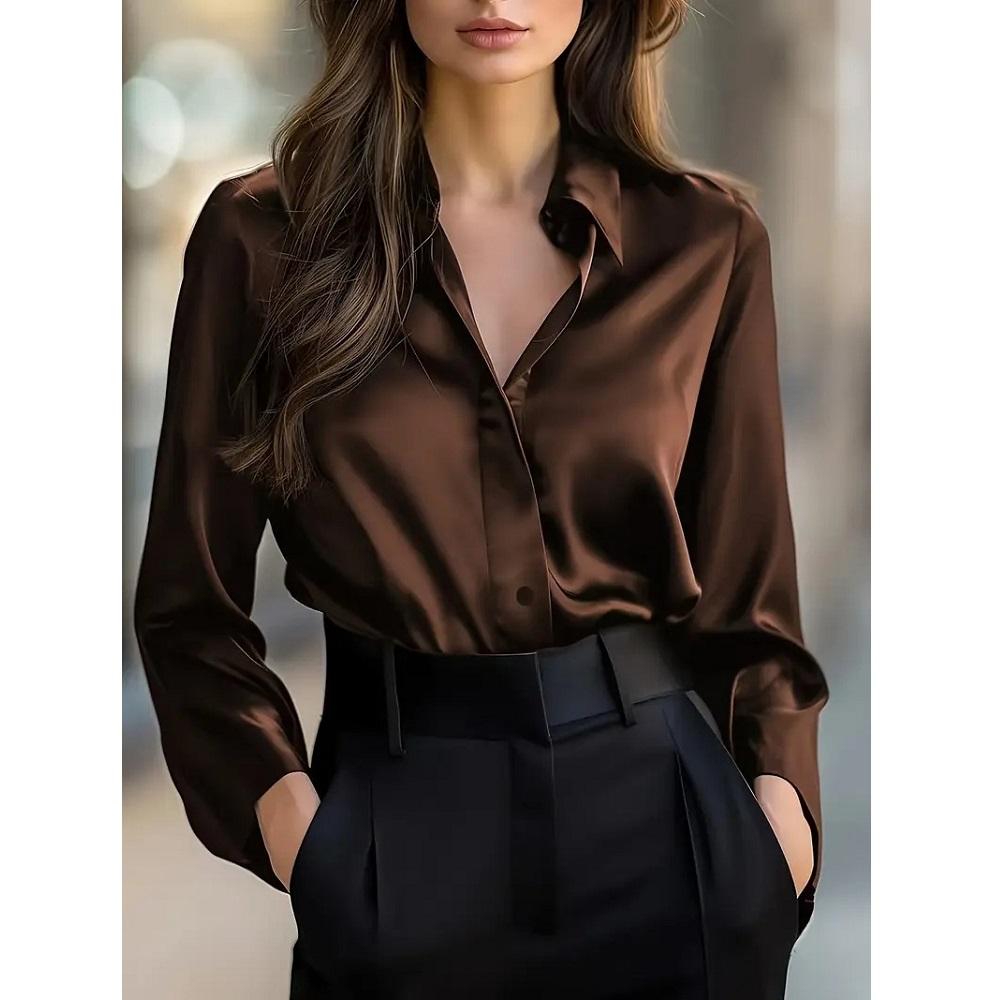 

Женские осенне-весенние блузки и рубашки с длинным рукавом, однобортные, на пуговицах, топы, рубашка для офисных леди XL коричневый
