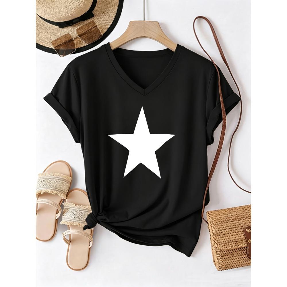 Hip Hop Star DesignV Neck T-shirt Casual Fashion Y2k Streetwear T Shirts Women Short Sleeve V-Neck Summer Spring Tee Shirt
