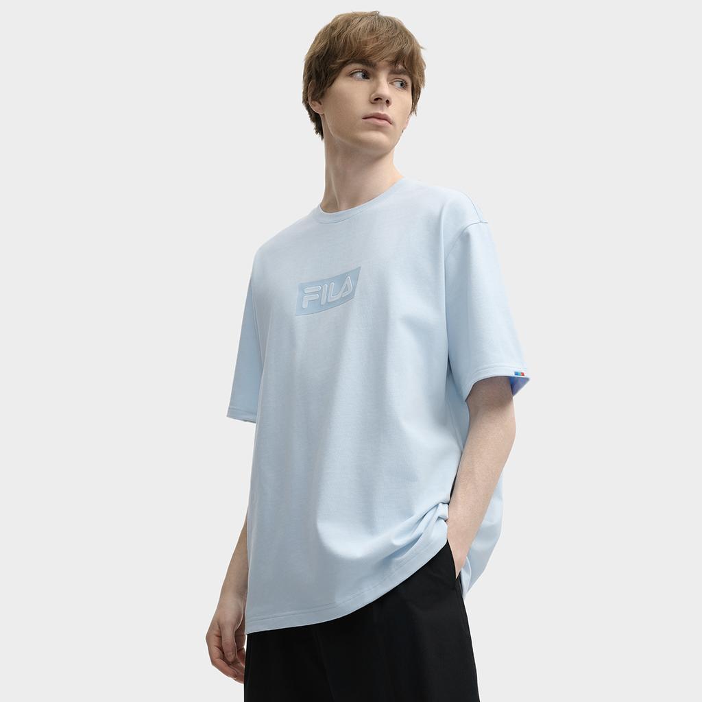 FILA Original Fire Fashion Versatile Casual Simple Comfortable Cotton Knit Short Sleeve T-Shirt Unisex Tops Sky-Blue F51M529110F-LB