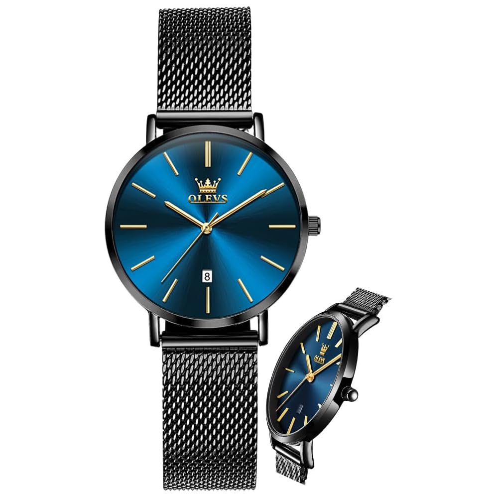 OLEVS Women s Minimalist Casual Watch Leather Band Waterproof Analog Quartz with Date Calendar Black Blue Mesh Strap