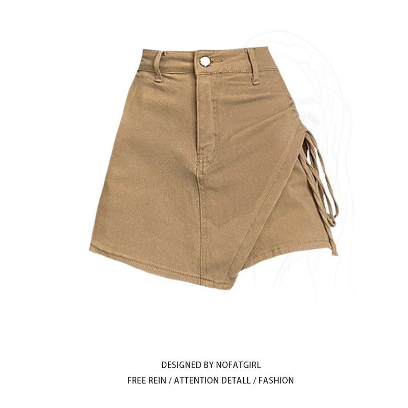 Plus Size Fat Sister Sexy Asymmetrical A- line Denim Skirt Female Summer Stylish Pleating High Waist Slimming Skort Khaki Culottes M
