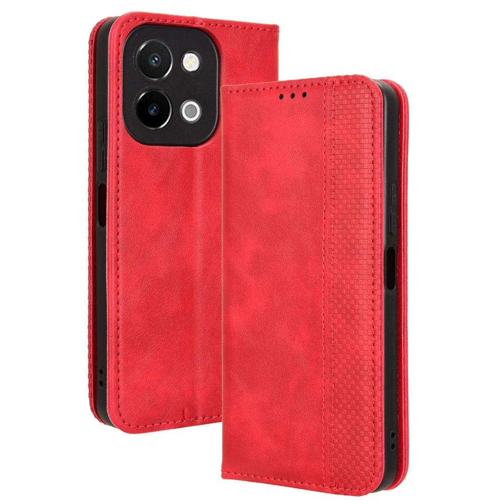 

For vivo Y28 4G Case PU Leather Retro Magnetic Closing Drop-Proof Phone Cover Red