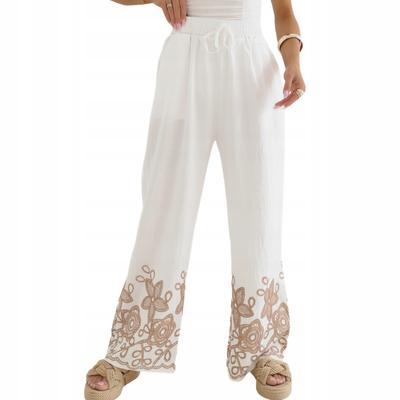 Women's Summer Loose Boho Embroidered Palazzo Pants Cream S / M