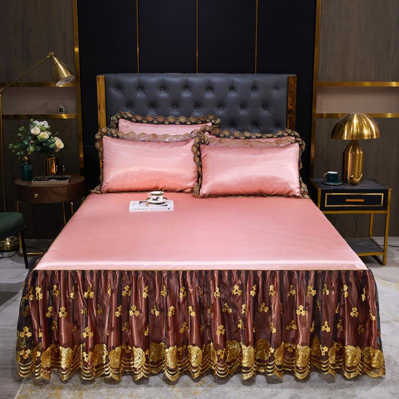 Blondertilpasset laken Luksus sengetøysett Romantisk ismatte sammenleggbare broderte laken Lin Sengetøy Queen Sengeteppe med skjørt