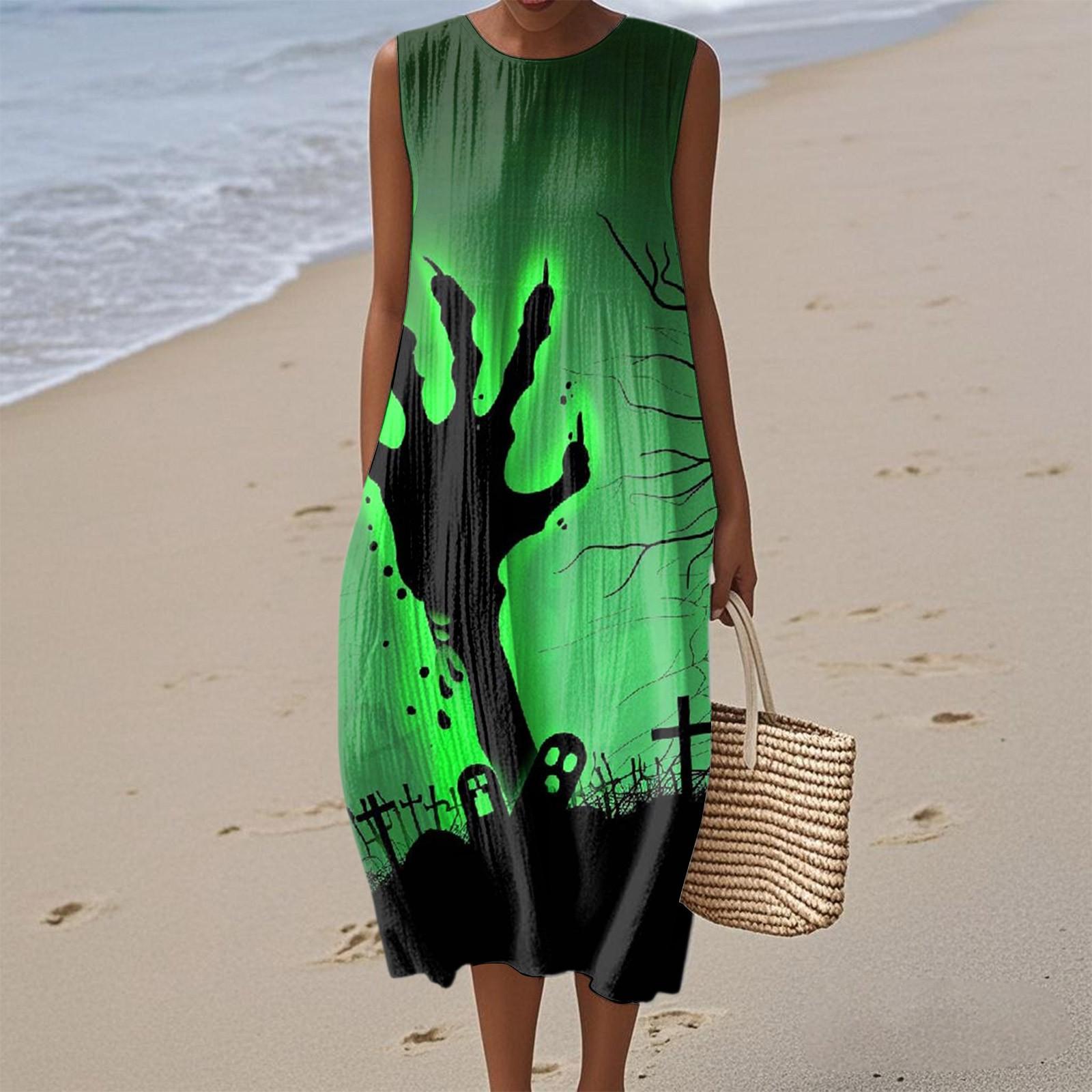 

Women s Fashion Casual Sleeveless Round Neck Zipper Halloween Print Elegant Temperament Dress XL