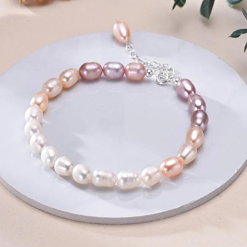 HENGSHENG Fashion 6-7mm Rice Shape Freshwater Pink Purple Mixed Color Bracelet 925 Sterling Silver Jewelry Gift for Women Girls