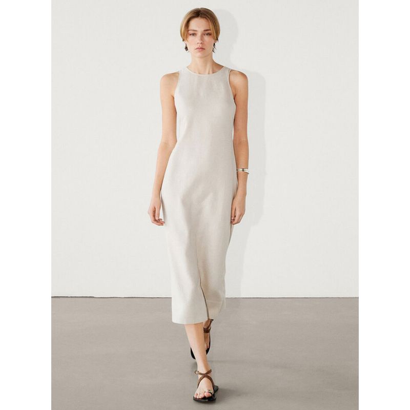 

MD Women clothes Summer New French style Holiday Style round Neck Mid-Length Cotton Linen Sleeveless Dress 06696100712 Beige L