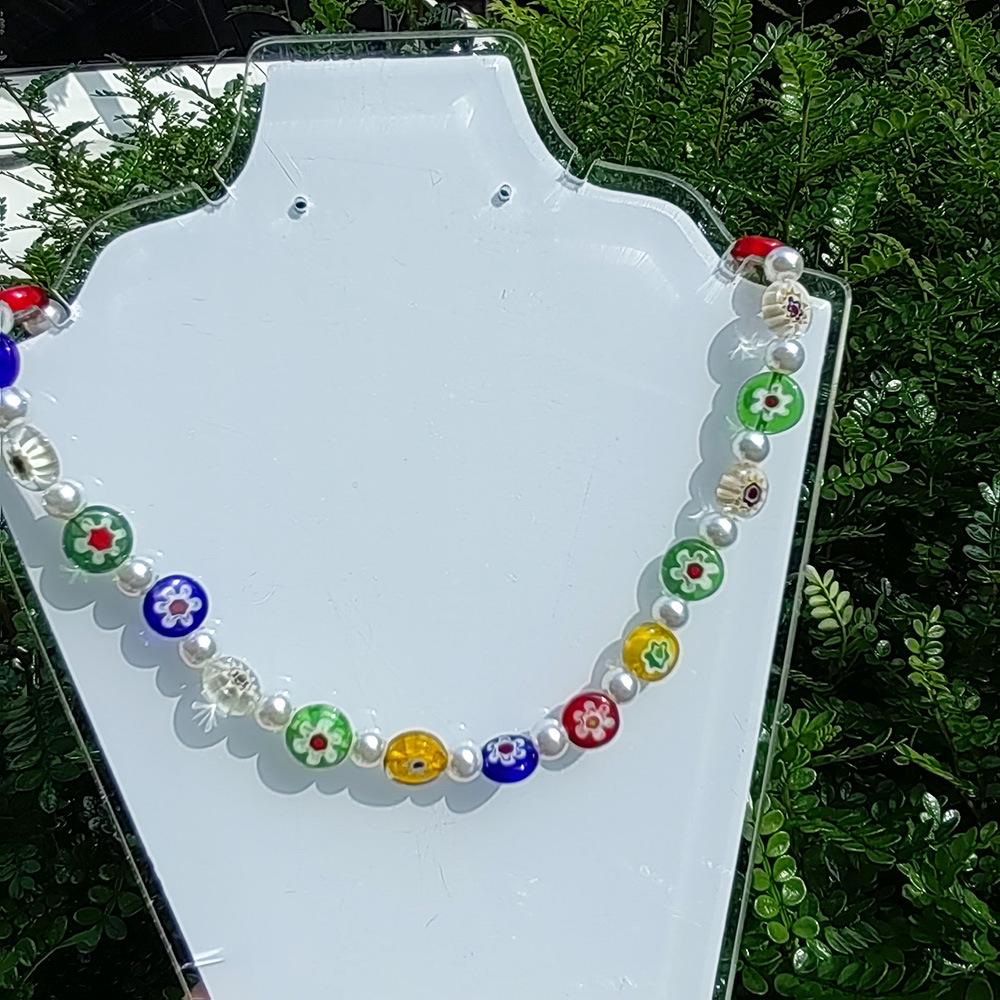 Faux Pearl & Glass Flower Handmade Necklace