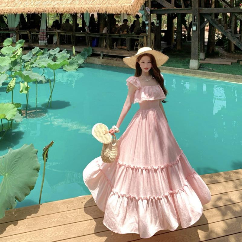 Coral Pink Resort Style Big Skirt Lace Splicing Dress Atmosphere Suspender Dress