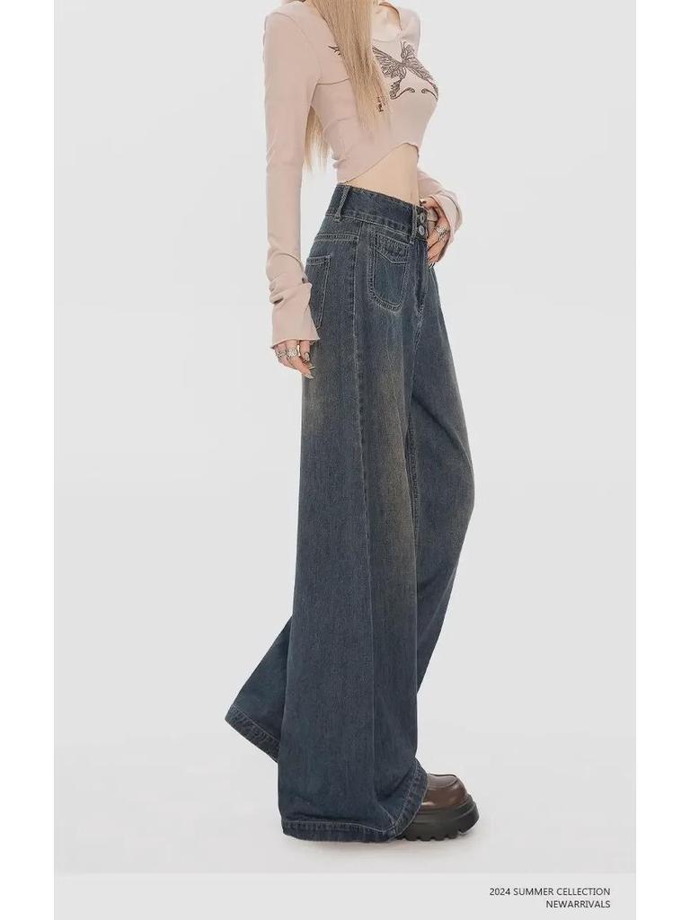 Retro Graue High-Waist Wide-Leg Jeans für Damen - Herbst 2024 Kollektion