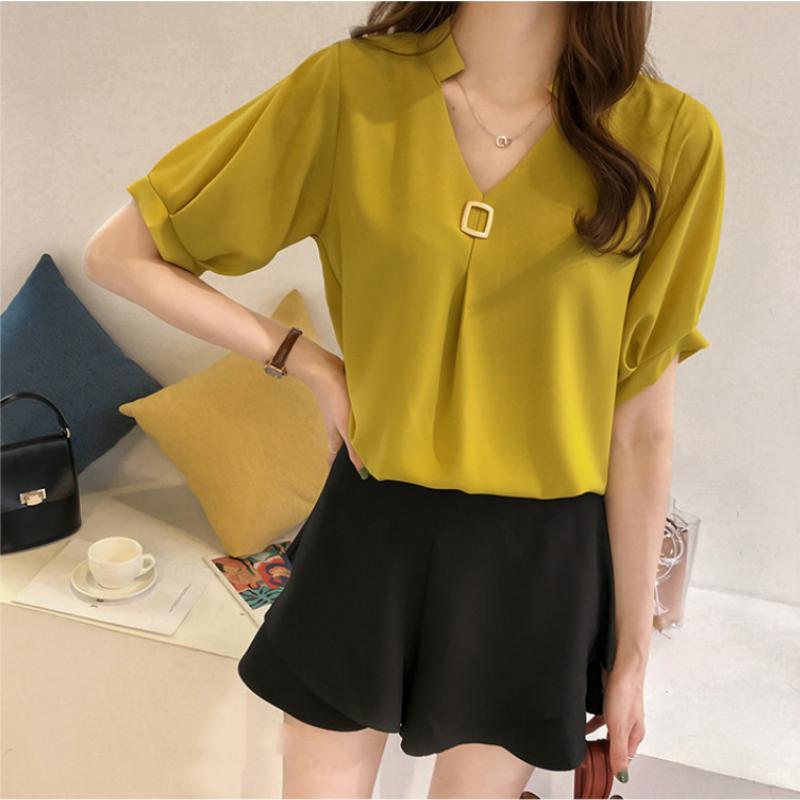 Spring and Summer New Fashion Half Sleeved Simplicity Solid Color Casual Versatile Commuting Elegant V-neck Pullover T-shirt