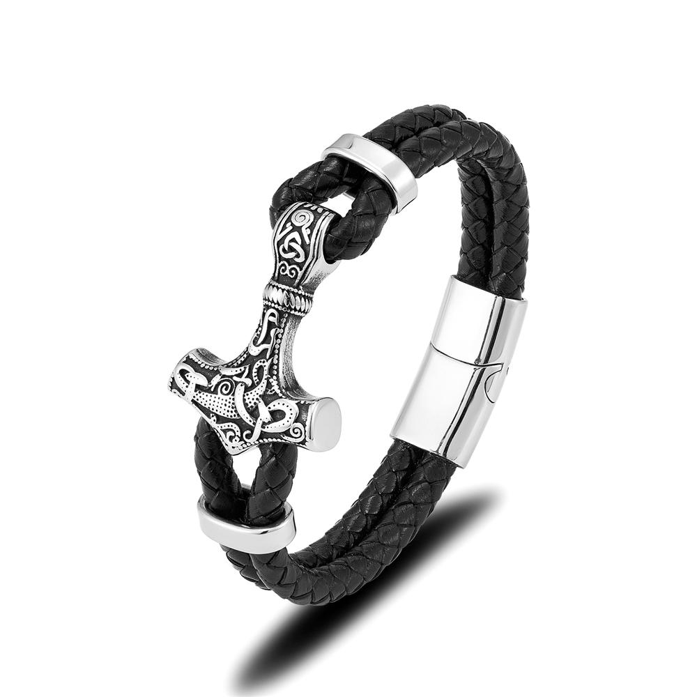 Braccialetto in Pelle con Martello di Thor Vichingo Vintage Uomo Rune Nordiche Mjolnir Braccialetto Punk Amuleti Fatti a Mano Gioielli Scandinavi Regalo