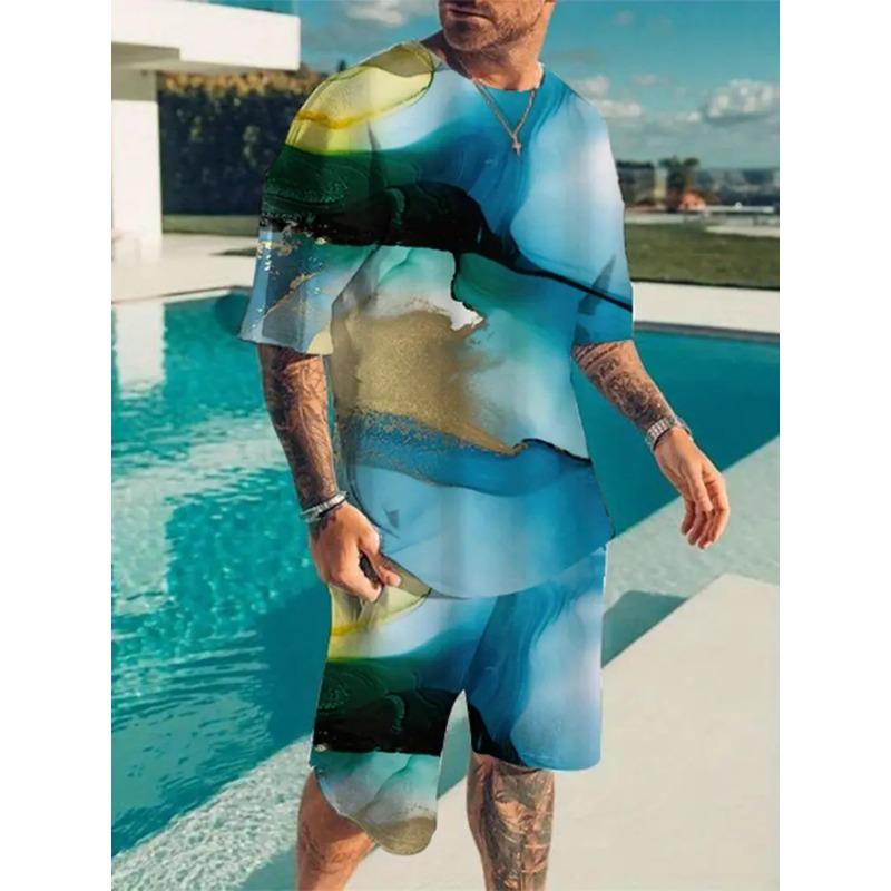 Letni Nowy Męski Garnitur Codzienny Uliczny Casualowa Koszulka z Krótkim Rękawem Moda Sporty Outdoorowe Wygodne Spodenki Drukowanie Tekstury 3D