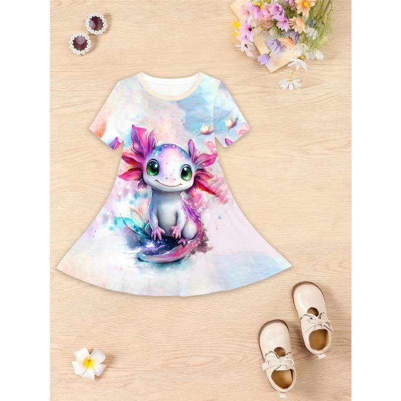 Girls' Summer Fashion Short Sleeve Cute Casual Dress, 3D Printed Casual Dress, a Gift for Children, Perfect Choice for Daily Wear Or Festive Occasions
