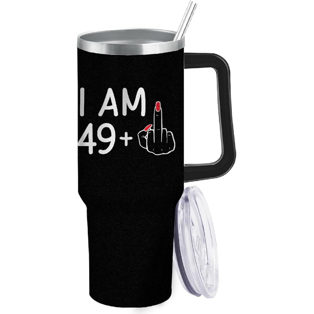 I Am 49 Plus Middle Finger Tumbler 40oz Tumbler with Handle Insulated for Hot and Cold Tumbler with Lids and Straws Christmas Gift for Women