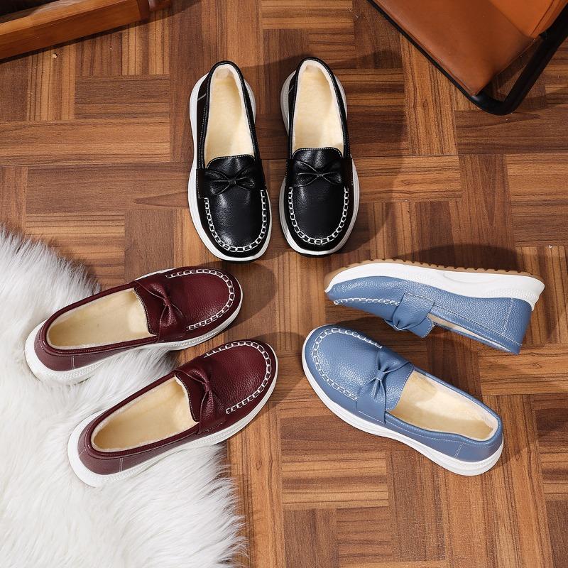 Winter 2025 New Platform Fleece Warm Cotton Shoes Women's Plus Size Comfortable Bow Comfortable Sneakers