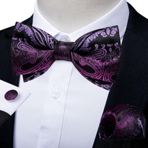 Conjunto de abotoaduras masculinas de seda azul ajustável com gravata borboleta Paisley floral Hanky