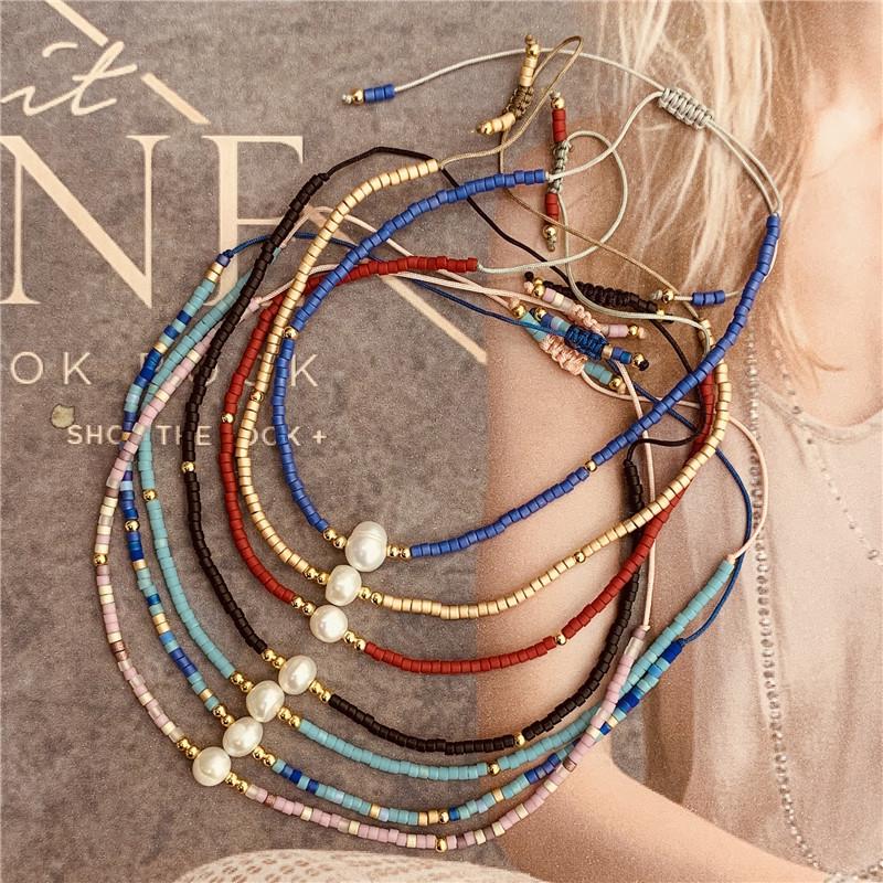 Retro Colorful Seed Bead & Faux Pearl Adjustable Bracelet - Trendy Hand-woven Jewelry for Women