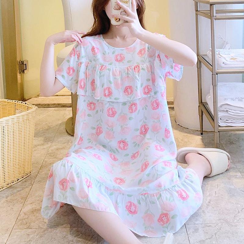 Sleeping Dress for Women In Summer Thin Cotton Silk Short Sleeved Without Chest Pad Home Clothing Knee Length for Outdoor Wear Dress