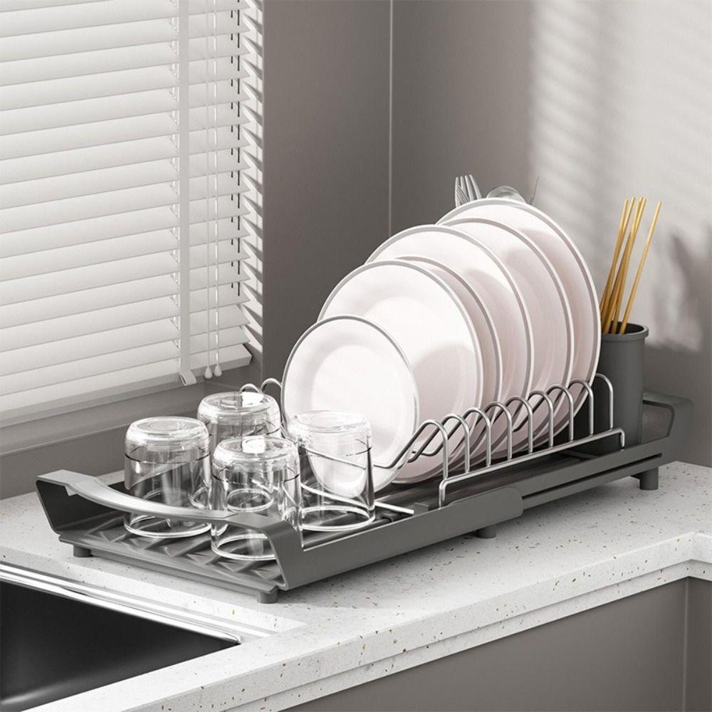 

Extendable Dish Drying Rack Space Saving Dish Drainer Sturdy Draining Tray Countertop чёрный
