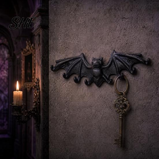Key Holder Hook Bat Wall Hooks, Black Cast Iron Gothic Coat Rack with 2 Prongs, Rustic Metal Hanging Organizer for Keys Hats Scarves, Industrial Home