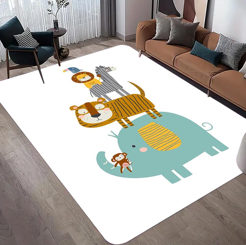 Playful Jungle Animal Stack Rectangular Area Rug for Bedroom Living Room Non Slip Washable Floor Mat Home Decorative Soft Carpet
