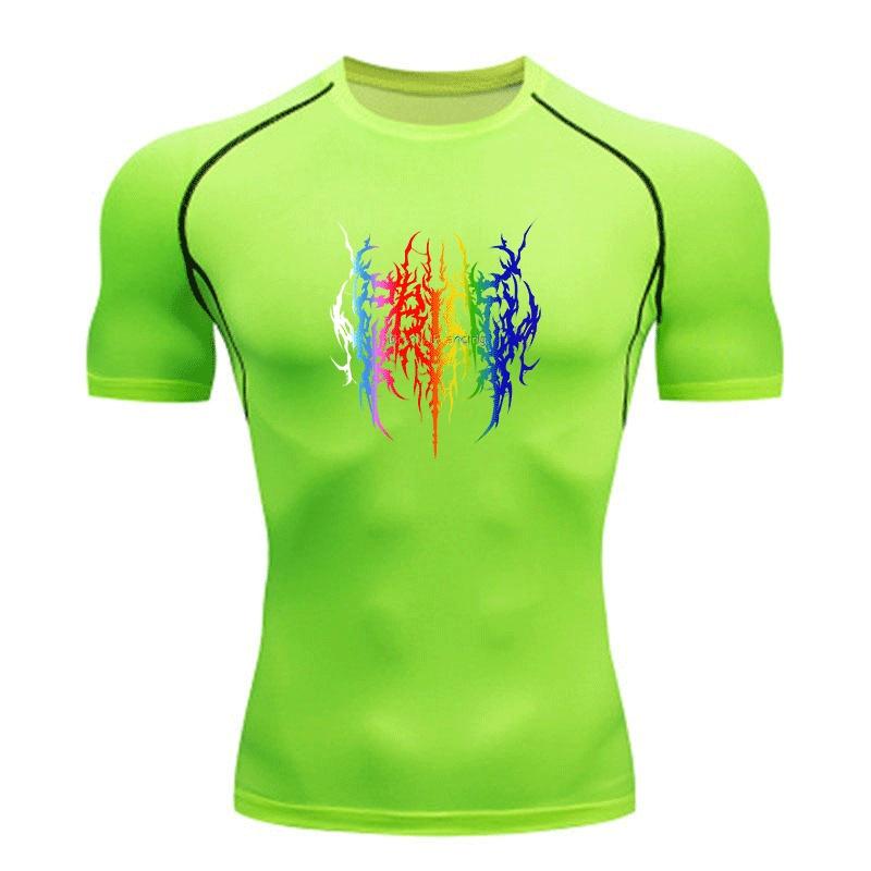 Men's Quick Dry Compression Fitness T-Shirt, Rainbow Gradient Brutal Thorn Pattern Athletic Breathable Stretchy Workout Top for Gym Running Training S
