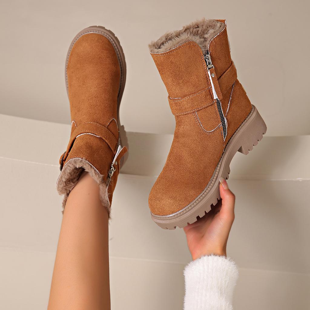 Foreign Trade Explosion Thick-soled Snow Boots Women's New Winter Warm Piled Thickened Belt Buckle Side Zipper Round Head Short Boots