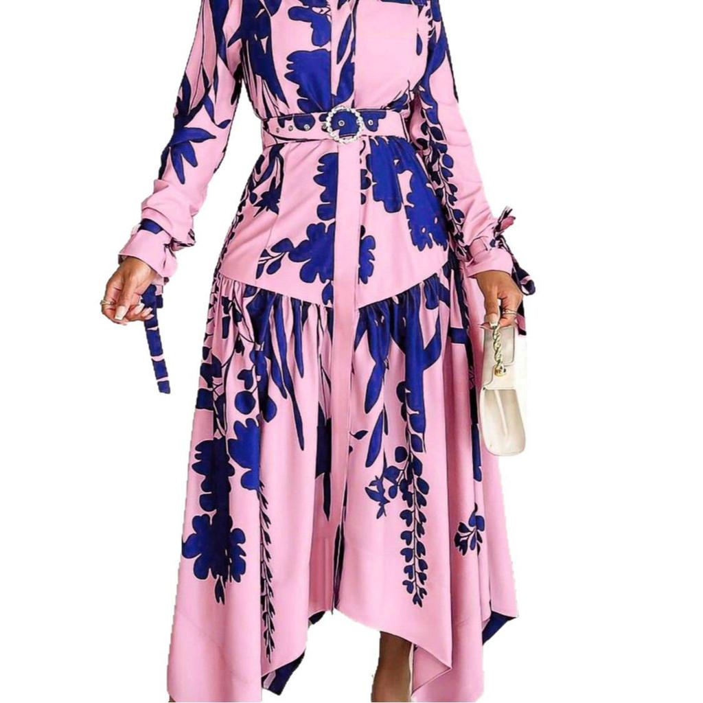 European and American Plus Size Women's Irregular Lapel Dress with Temperament Print