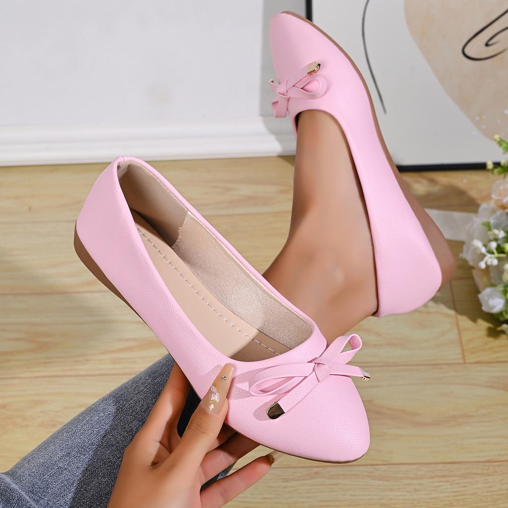 Scarpe Basse in Pelle con Fiocco Singolo, Bocca Stretta, Suola Spessa Morbida, Lati Morbidi, Tacco Basso Comodo