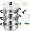 Multifunctional Steamer, Two-Tier, Three-Tier, "Triple-Layer Bottom" Compatible with Induction and Various Heat Sources, Glass Lid Included, Stainless