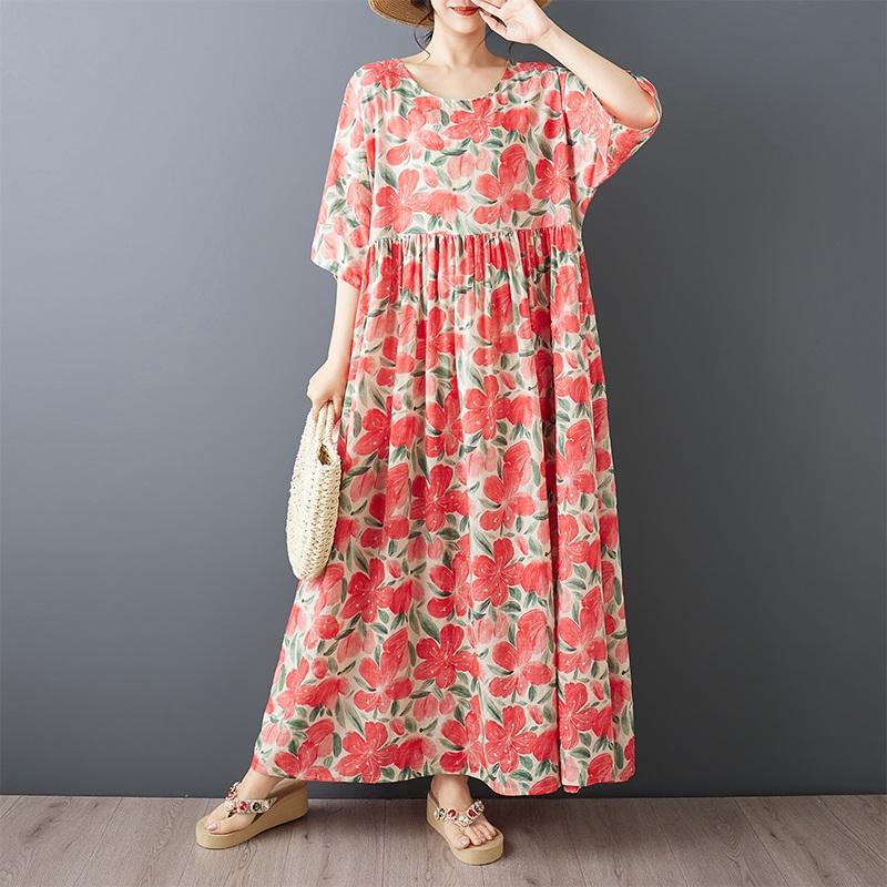 Κοντό μανίκι Plus size Βαμβακερό vintage φλοράλ νέο σε φορέματα για γυναίκες casual φαρδύ μακρύ καλοκαιρινό φόρεμα