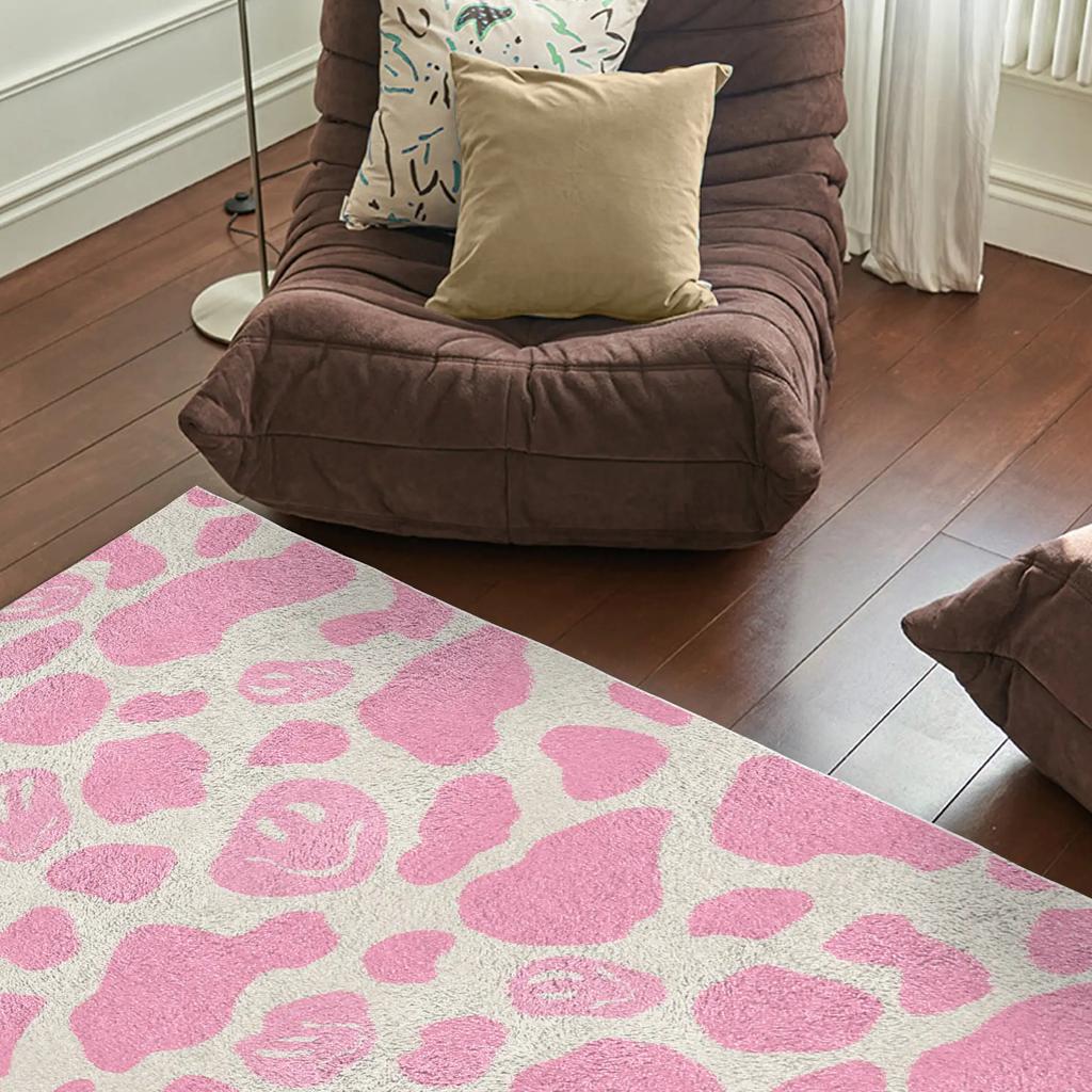 Pink Smiling Cow Print Area Rug – Carpet for Bedroom Living Room, Pastel Accent Floor Mat Decor