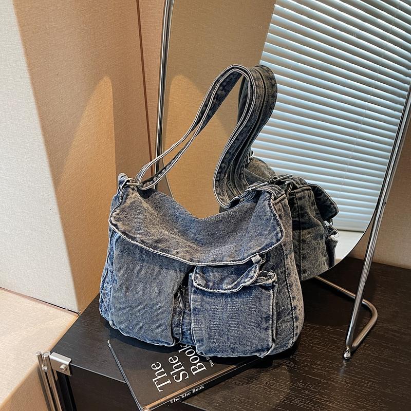 Multi-Pocket Denim Bag Large Capacity Retro Commuter Shoulder Bag