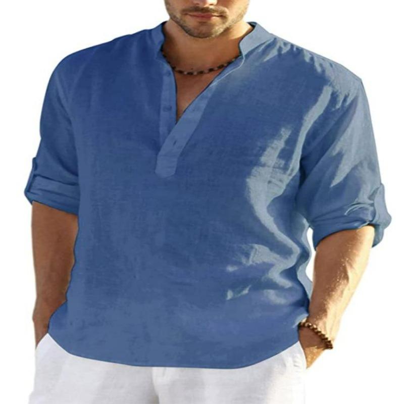 Men's Cotton Linen Long Sleeve Shirt Stand Collar Relaxed Fit Casual Holiday Top