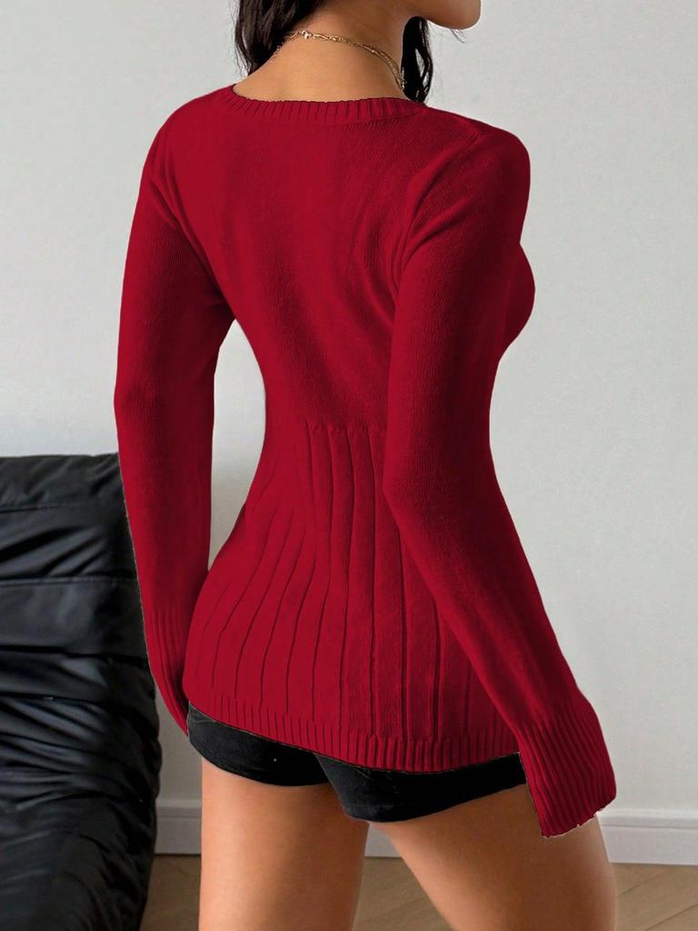 European & American Trendy Cable Knit Sweater, Slimming U-neck Button-up Pullover with Long Sleeves for Autumn.