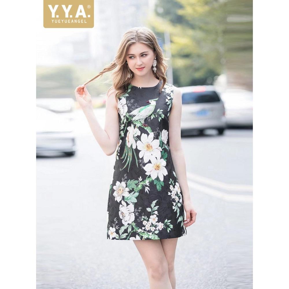 

Females Summer Sequins Shiny Floral Printed Dress O-Neck Above Knee Length Sundress Sleeveless Thin Parrot Plant Flowers Dresses S