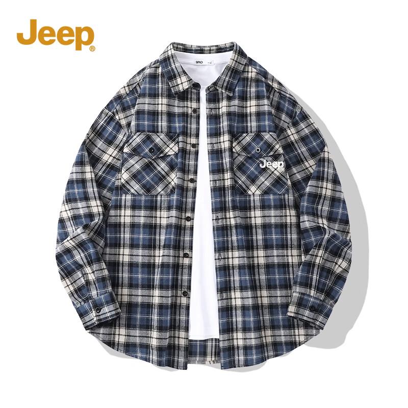 JEEP Men s Spring Brushed Plaid Lapel Shirt 2XL